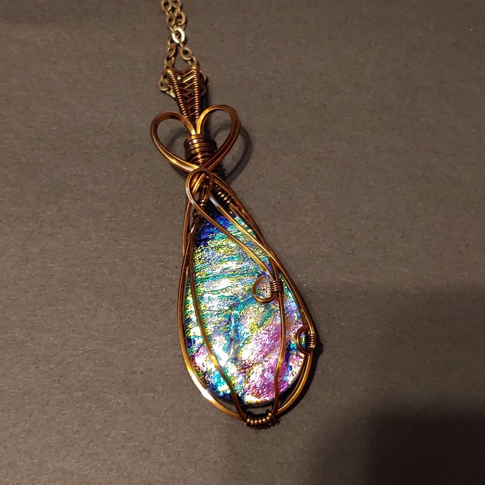 Handmade Dichroic Glass Wire Wrap Pendant Necklace